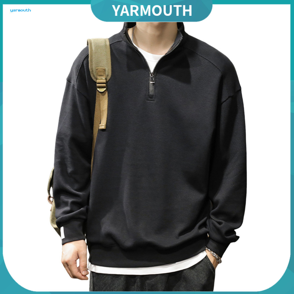 Cuffed Hem and Cuffs Sweatshirt Base Layer Men's Half-zip with Elastic Stand Collar Long Sleeves – Casual Loose Fit Mi