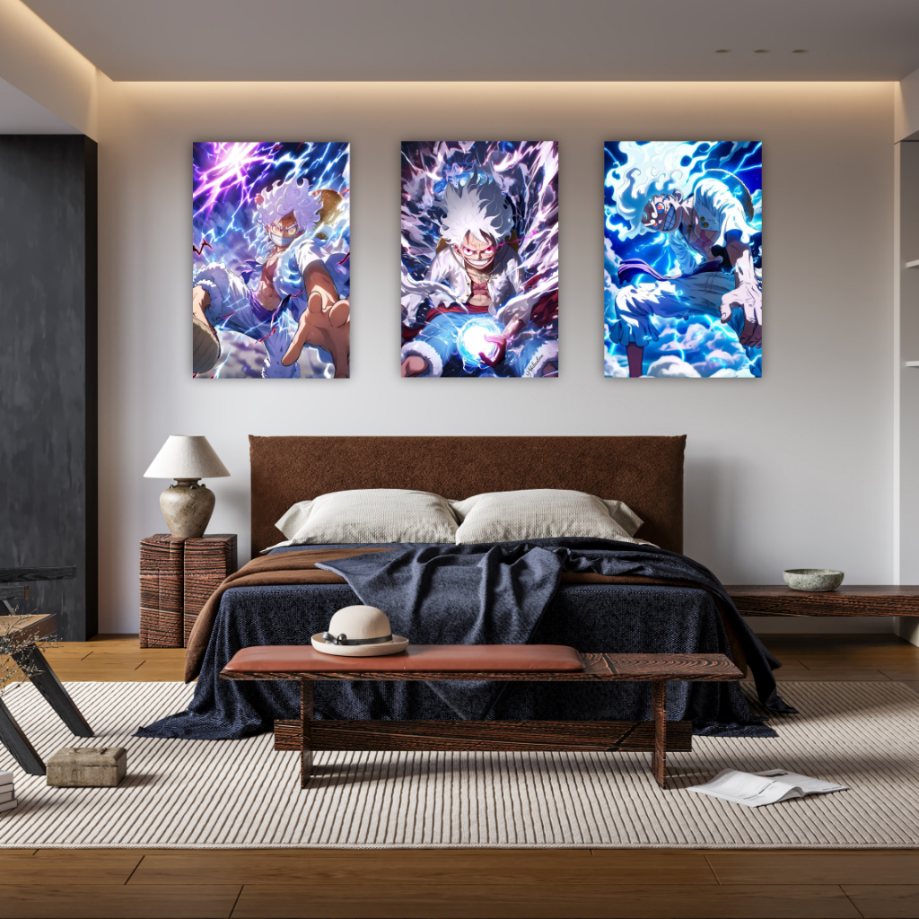 Quadro Decorativo Luffy One Piece Anime Namy Gear 5 Para Parede Decoração 3 Peças Quarto
