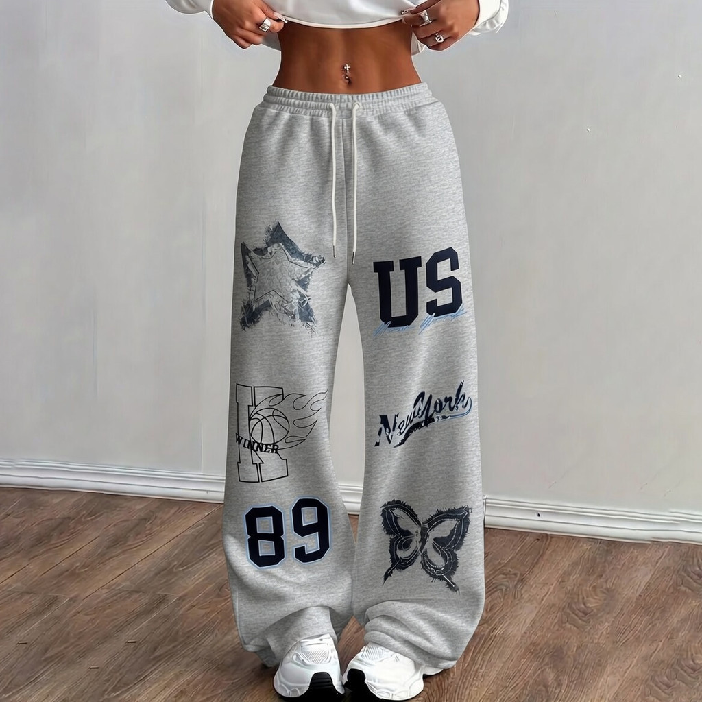 Calça Wide Leg Moletom Estampa Ney York Us 89 Borboleta K Winner Estrela - Confortável Envio Rápido