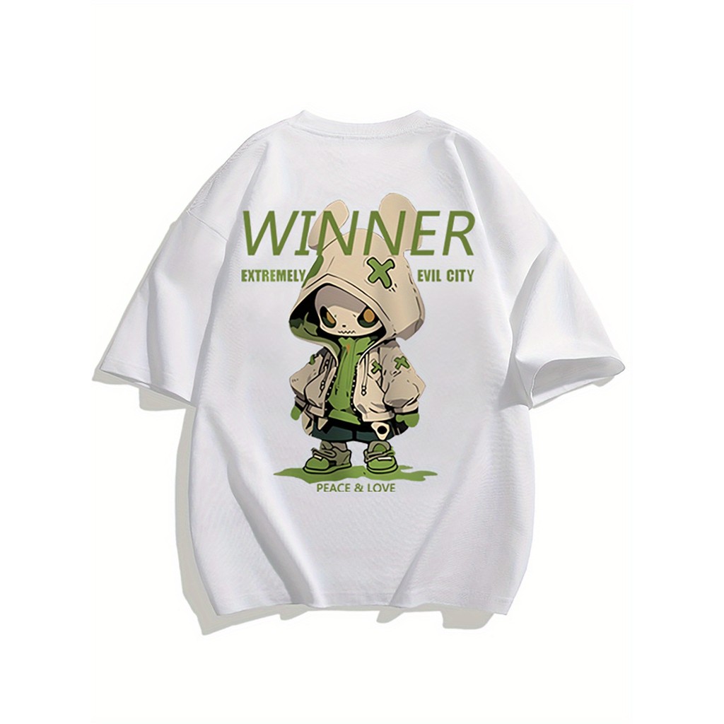 Camiseta Masculina Streetwear Estampada Anime Cartoon Coelho De Capuz Winner Moda Urbana