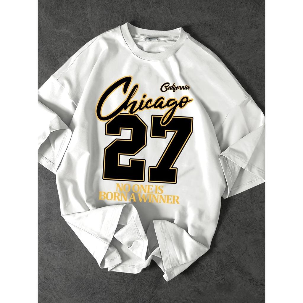 Camiseta Masculina Streetwear Algodão Penteado Infantil Adulto Plus Size Estampa Chicago 27 Dourado winner Over Estilo