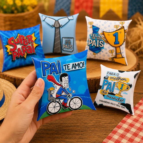 Kit 50 Caixinhas Travesseiro Dia dos Pais Embalagem Lembrancinhas Doces e Presentes 5 Estampas