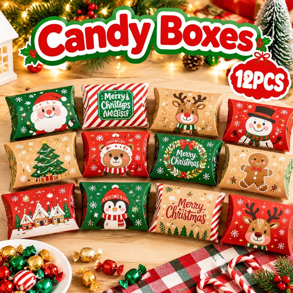Caixas De Doces De Papel Em Forma De Travesseiro De Natal Para Lembrancinhas De Festa De Feriado Embalagem E Decoração D