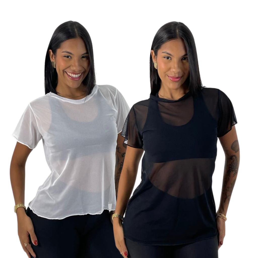 KIT 2: Blusa Feminina Tule Transparente de Academia Manga Curta Camisão Fitness