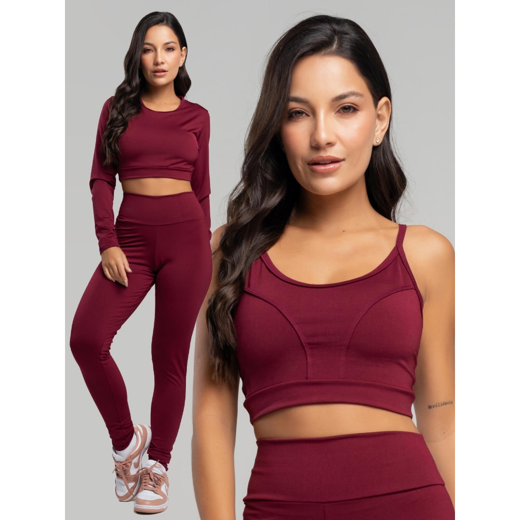 Conjunto Fitness Vicbela Calça Legging Cropped Manga Longa Top Alcinha Suplex Moda Fitness Academia