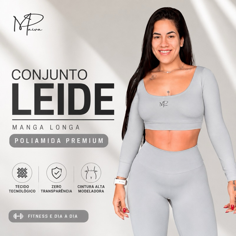 Conjunto Leide Cropped Frio + Legging Fitness Poliamida Suplex Academia Manga