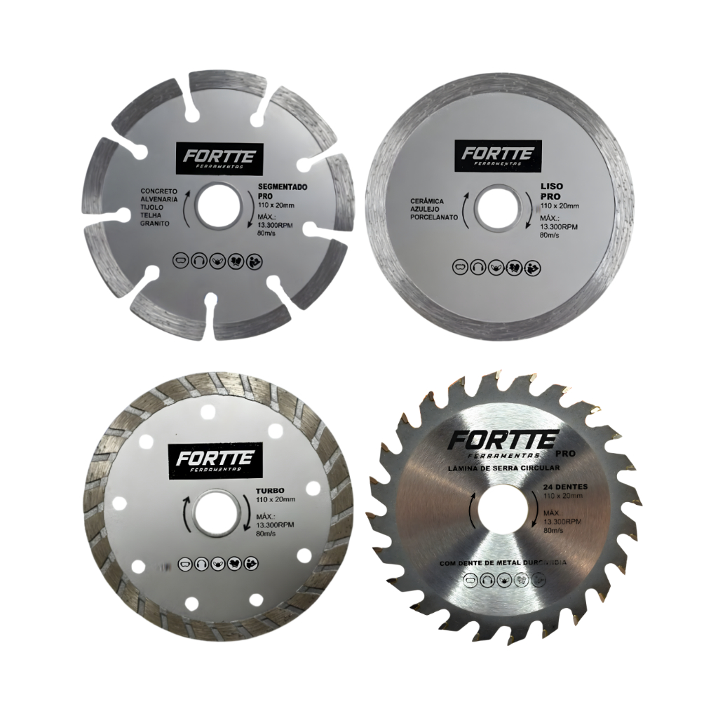 Kit Disco Diamantado e Serra Circular C/4 Peças 110 x 20mm Para Serra Mármore