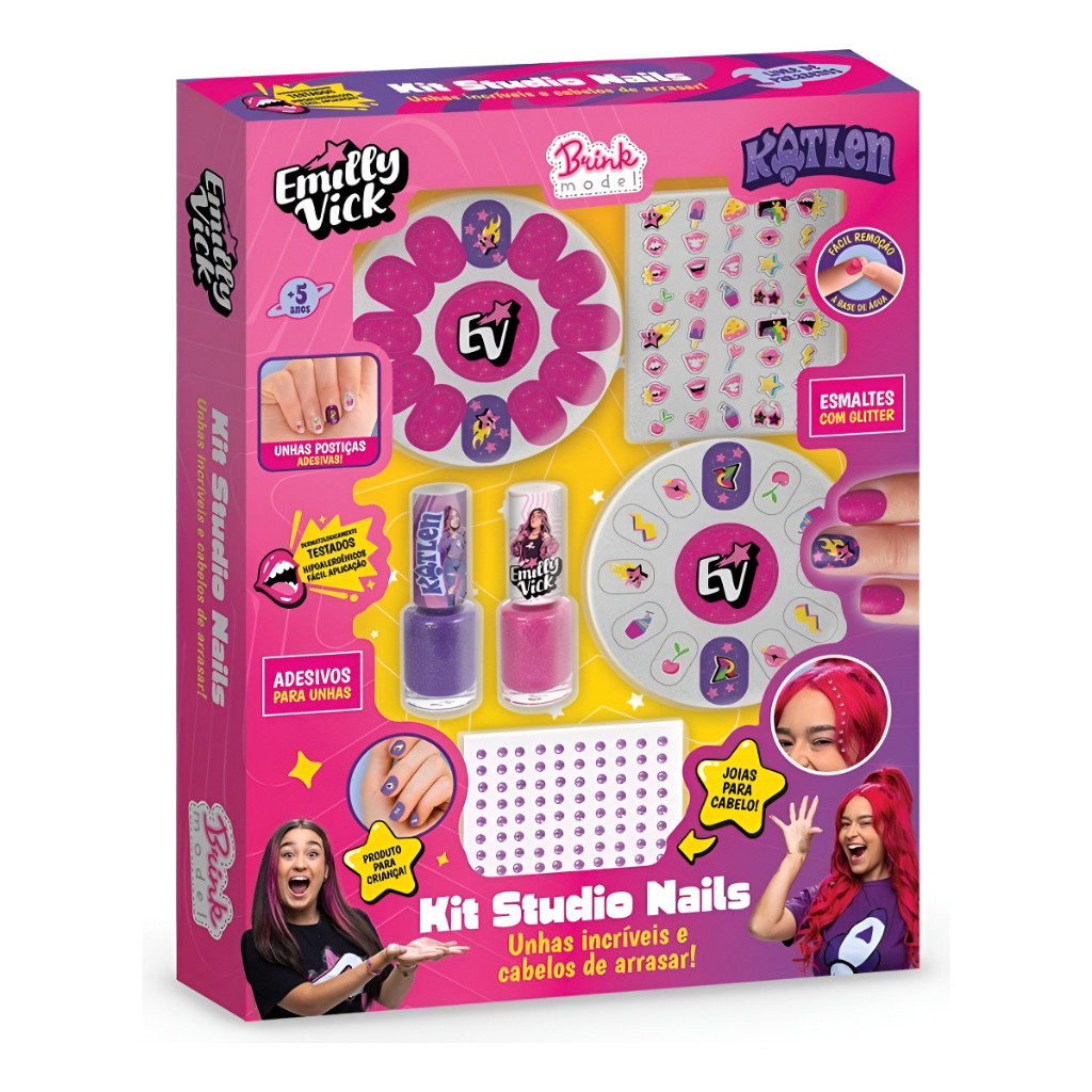 Kit Maquiagem Infantil Emilly Vick Studio Nails Dos Rosa Esmalte Base Água Unhas Postiças Glitter +5 Anos