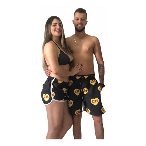 Bermuda Moda Praia Conjunto 2 Peças Kit Casal Namorados CH Preto
