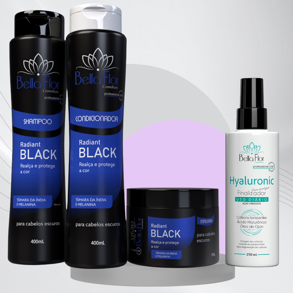 Kit Capilar Black 4 Produtos Shampoo Condicionador Máscara + Finalizador Hyaluronic Bella Flor Cabelos Escuros Brilho