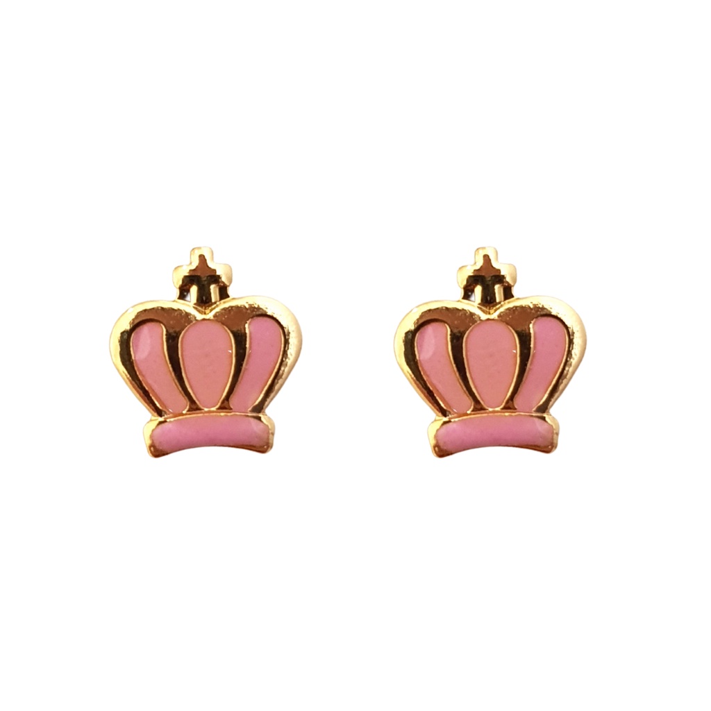 Brinco de Ouro 18K Banhado Brinco Ouro Folheado Semijoais Feminino Brincos cor Prata Ródio Branco Infantil  Coroa Rosa Princesa