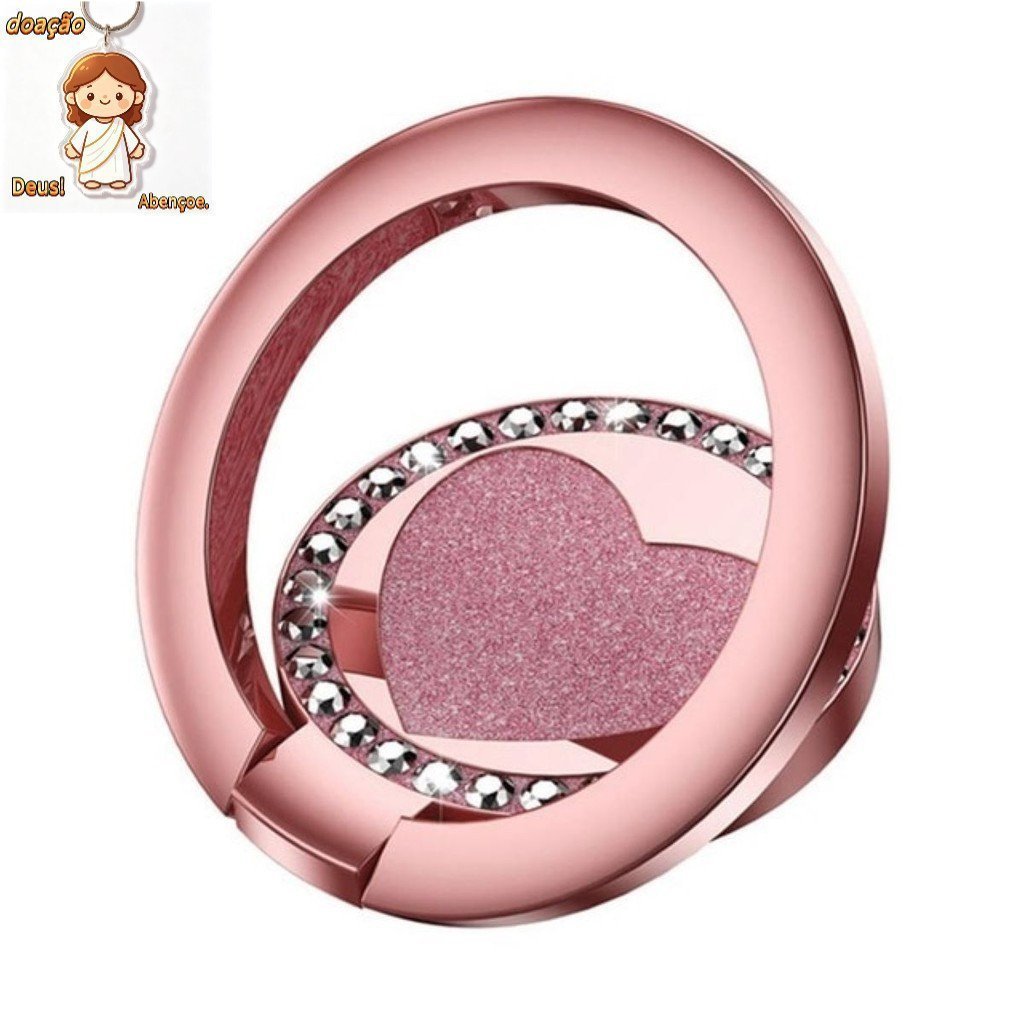 Suporte de anel para celular Iring, com design anti-queda, aplicações de strass em forma de coração e efeito brilhante.