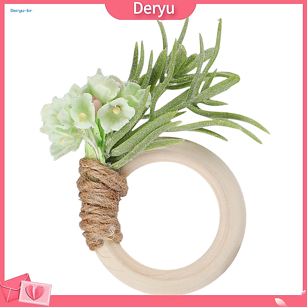 Floral Napkin Rings Decorative Holders for Weddings Rustic Wooden Ring with Artificial Rosemary Farmhouse Style Faux Flo