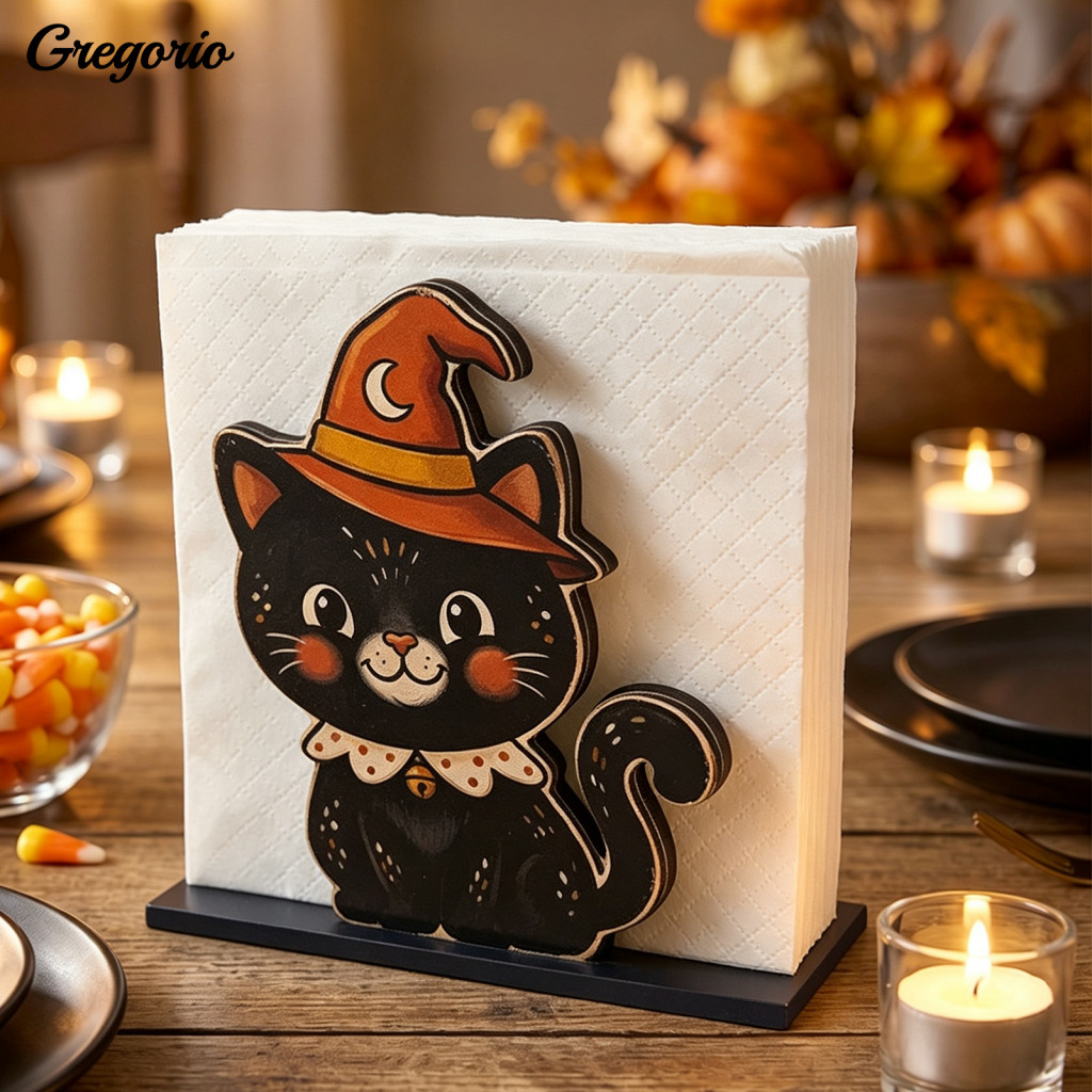 Halloween Napkin Holder Holiday Party Supplies Wooden Cute Black Cat Mummy Pumpkin Table Organizer Spooky Decor Kitchen