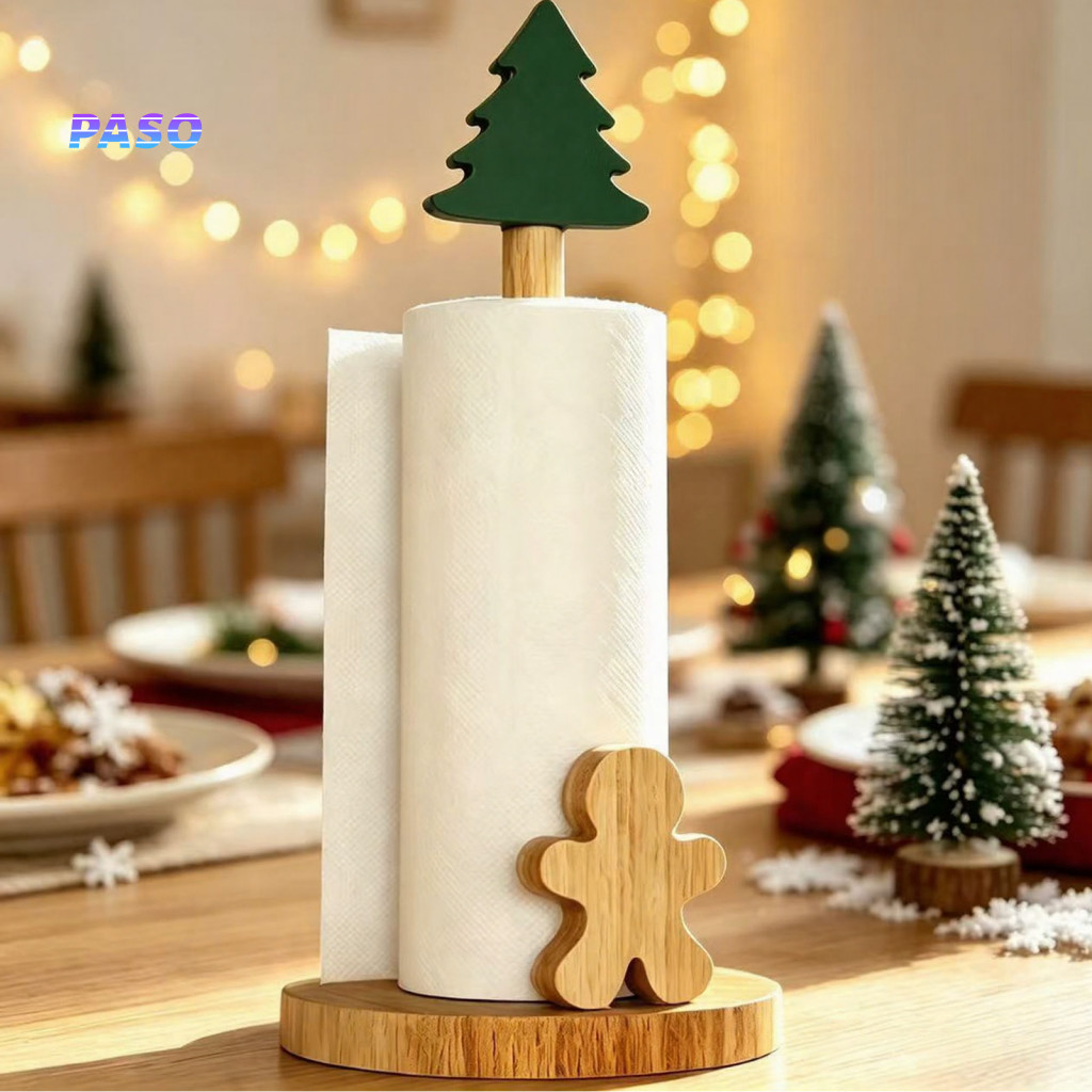 Wooden Napkin Holder for Christmas Sturdy Desktop Storage for Napkins Paper Towel with Snowman Tree Design – Festive f
