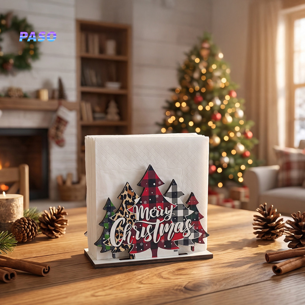 Festive Home Tableware Wooden Christmas Tree Napkin Holder Tissue Dispenser with Star Snowflake Decor Paper Towel for Ki