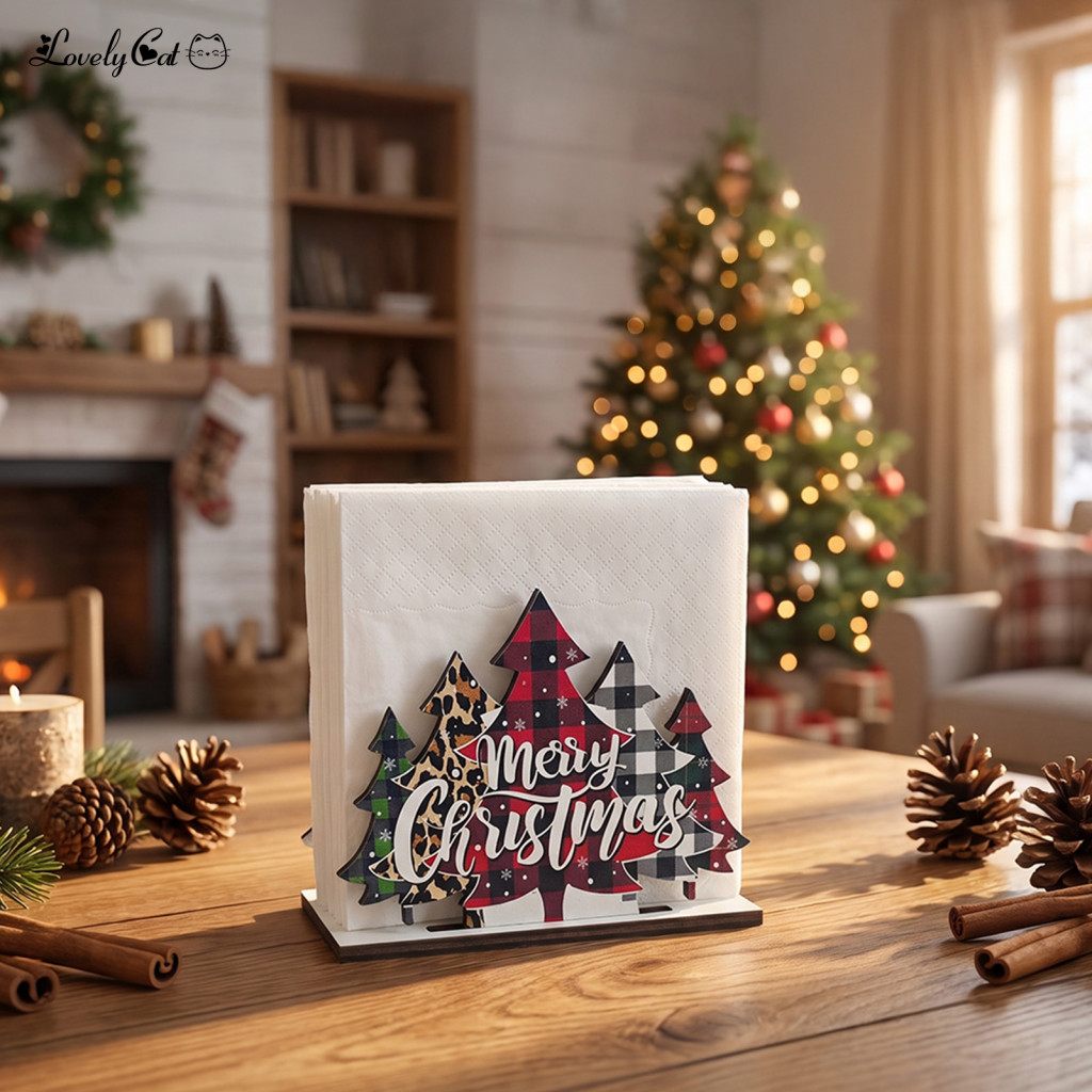 Solid Wood Serviette Holder Wooden Christmas Tree Napkin Tissue Dispenser with Star Snowflake Decor Festive Paper Towel