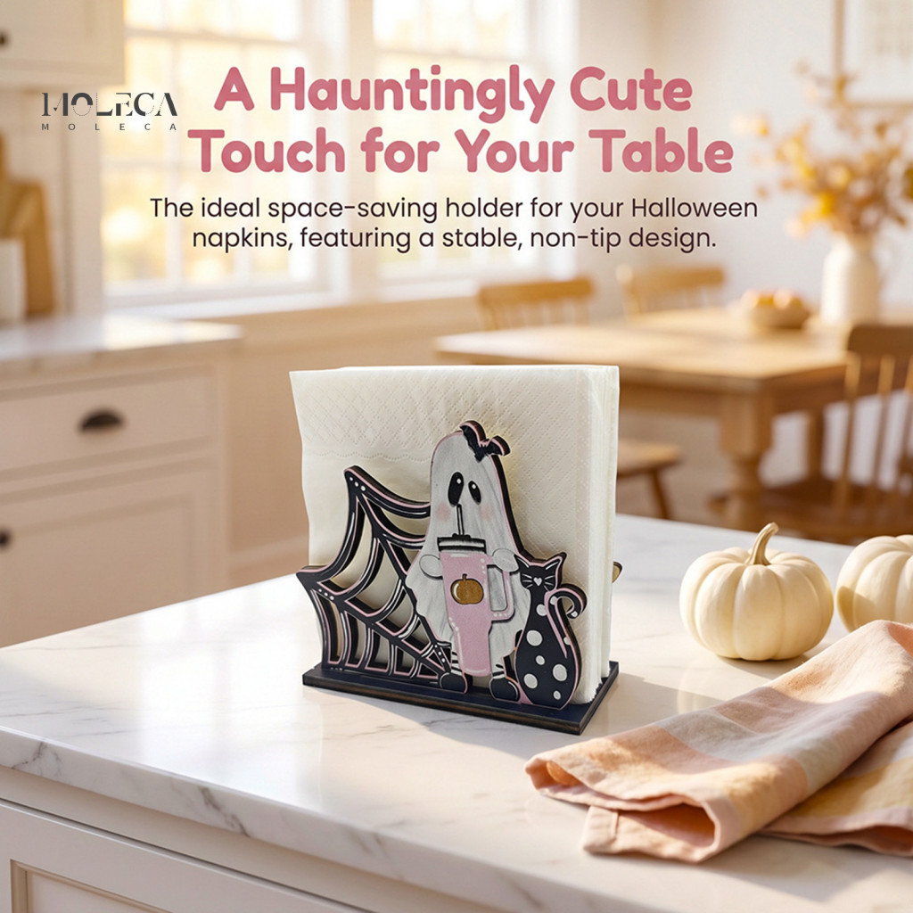 Halloween Napkin Holder Dining Table Centerpiece Wooden Ghost Pumpkin Tissue Dispenser Decorative Paper Organizer for Ho