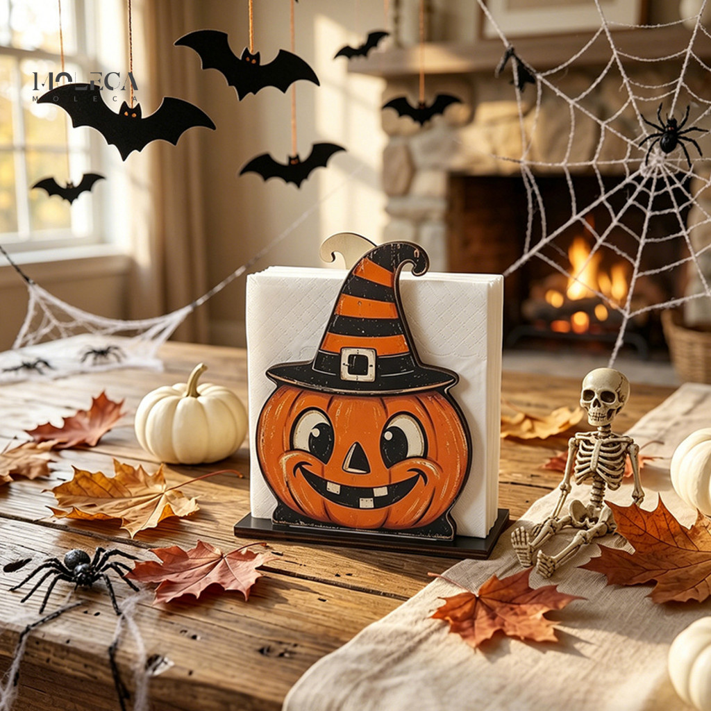 Seasonal Tabletop Accents Halloween Napkin Holder Wooden Ghost Mummy Pumpkin Tissue Dispenser Rustic Farmhouse Table Dec