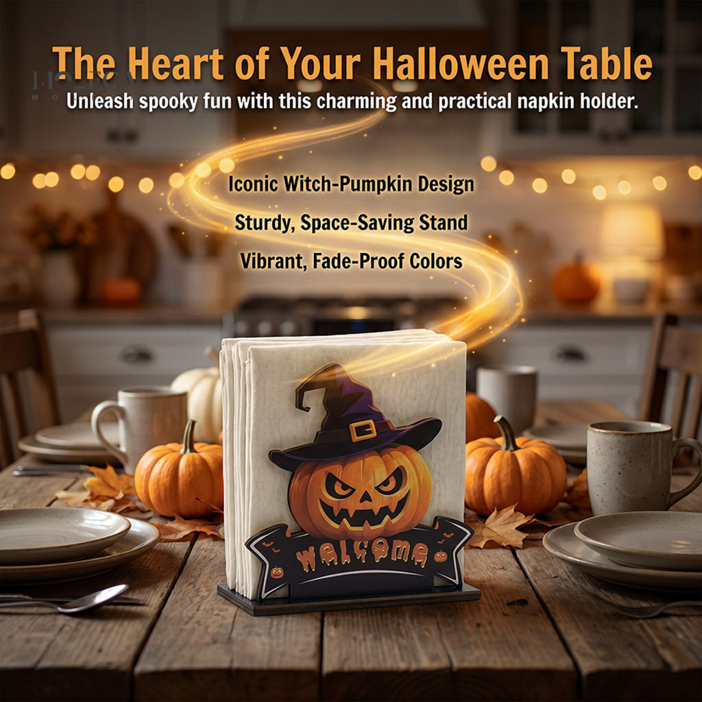 Halloween Napkin Holder Square Storage Box Wooden – Ghost Pumpkin Tabletop Tissue Dispenser Decorative Paper Organizer