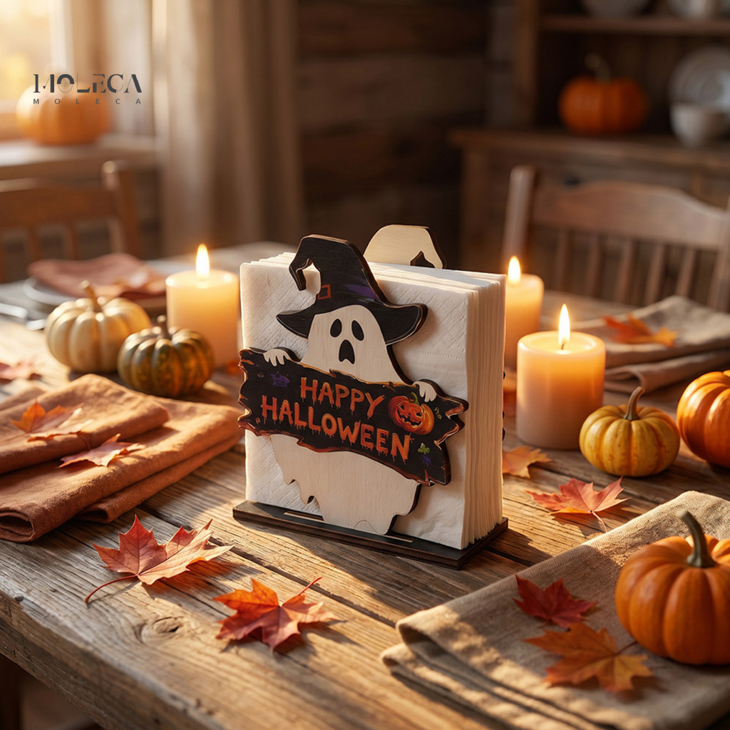 Halloween Napkin Holder Non Decoration Ghost and Cat Wooden Cute Paper Towel Stand Decorative Tissue Dispenser Organizer