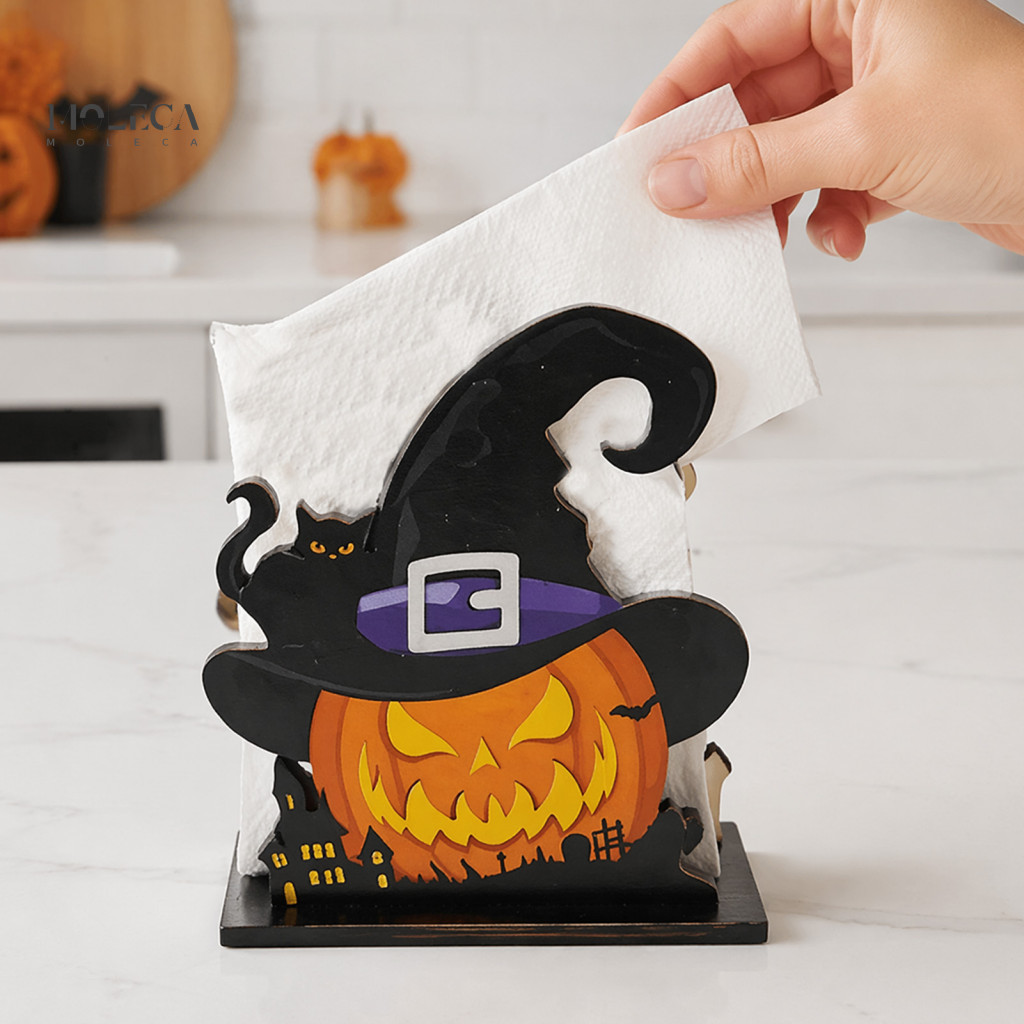 Autumn Seasonal Ornament Halloween Napkin Holder Wooden Ghost Pumpkin Tissue Dispenser Decorative Paper Organizer for Ho