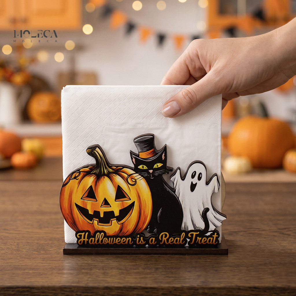 Halloween Party Table Decor Wooden Napkin Holder Cute Pastel Pumpkin Ghost Black Cat Tissue Dispenser Waterproof Decorat