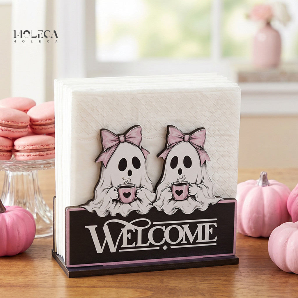 Black Cat Tabletop Tissue Dispenser Halloween Wooden Napkin Holder Cute Pastel Pumpkin Ghost Waterproof Decorative Stand