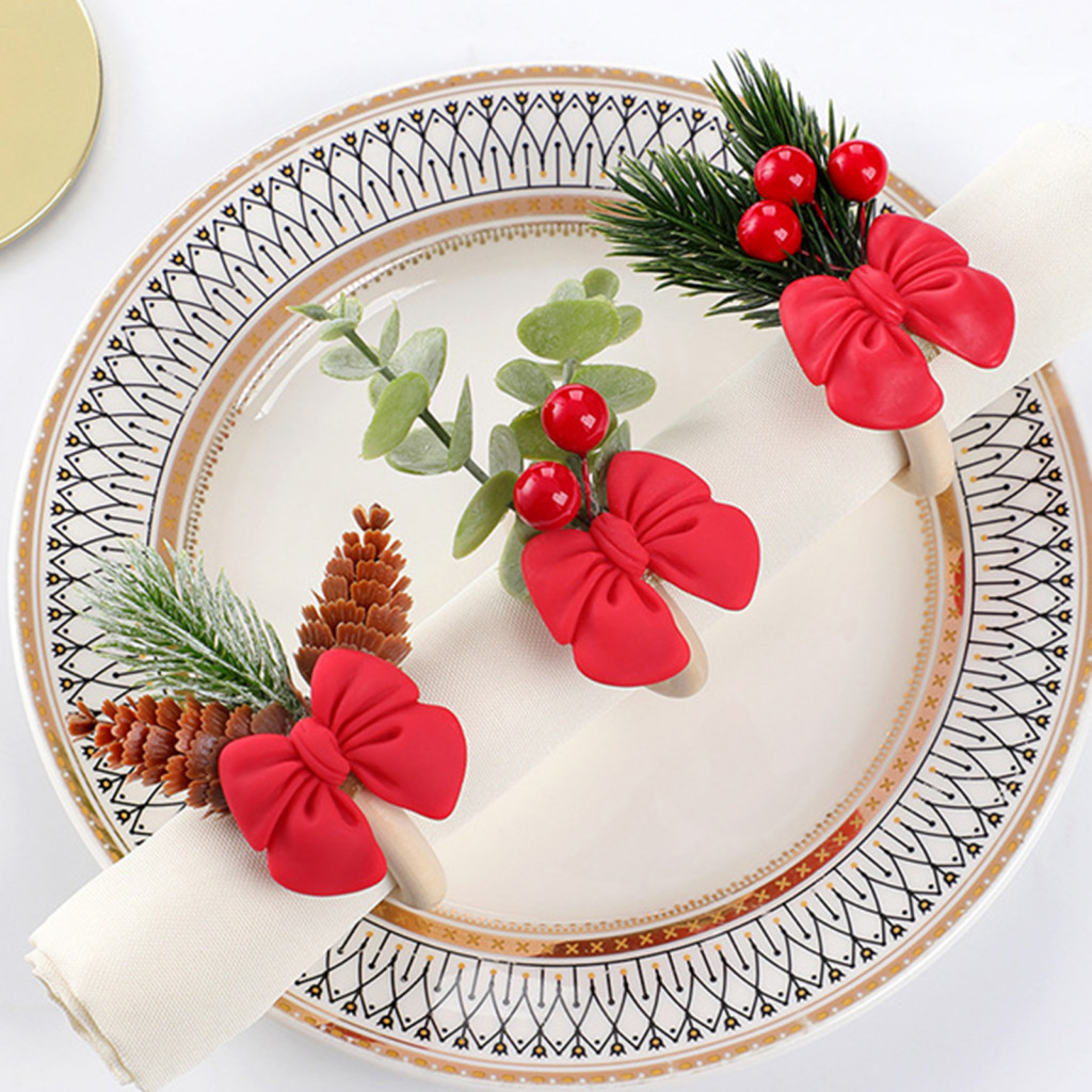 Mini Christmas Napkin Rings Bow Wooden Holders with Berries Pine Cones Festive Table Decor for New Year Party Dinner Hol