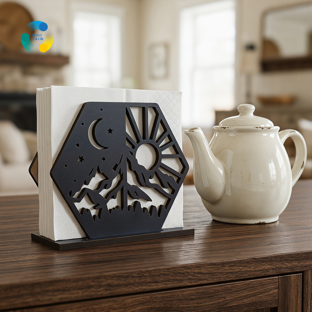 Wooden Napkin Holder for Dining Table Easy Clean Storage Organizer Boho Style Hollow with Black Silhouette Pattern for K