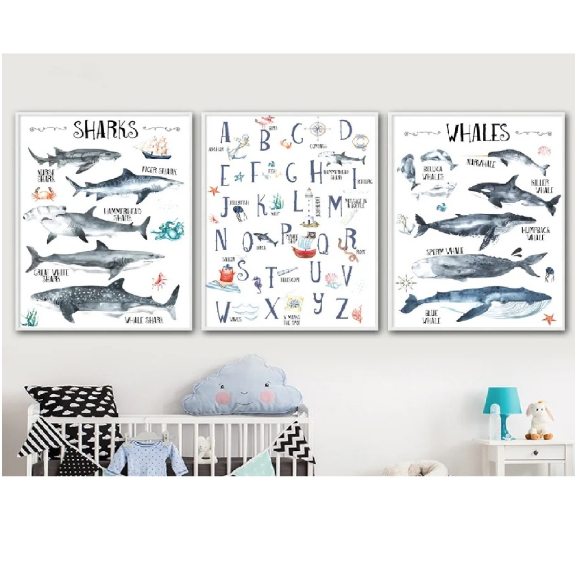 Quadros decorativos Tubarão baleia alfabeto vida marinha (3 peças)