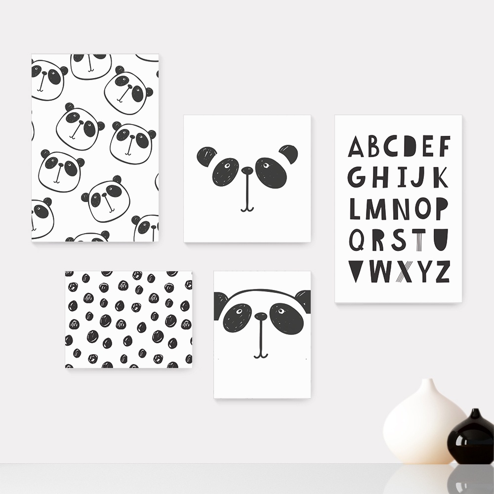 Kit 5 Quadros Decorativos Placas - Panda Alfabeto Infantil Bebê Quarto Menino Menina - 313ktpl5