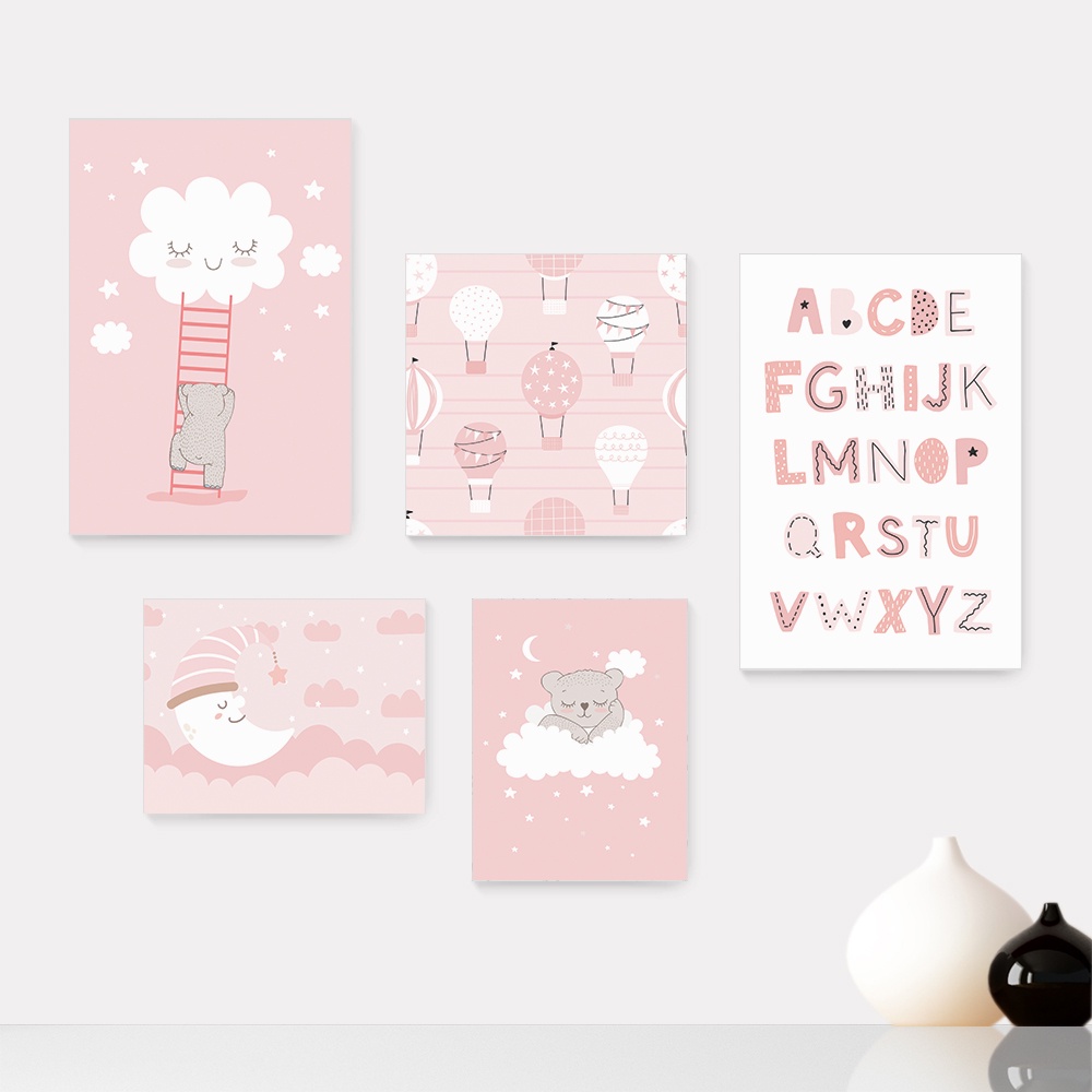 Kit 5 Quadros Decorativos Placas - Ursinhos Balões Nuvens Alfabeto Rosa Infantil Bebê Quarto Menina - 414ktpl5