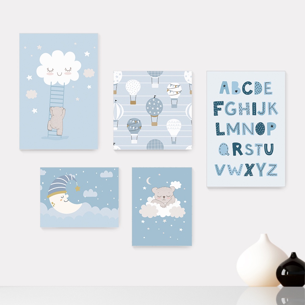 Kit 5 Quadros Decorativos Placas - Ursinhos Balões Nuvens Alfabeto Azul Infantil Bebê Quarto Menino - 413ktpl5