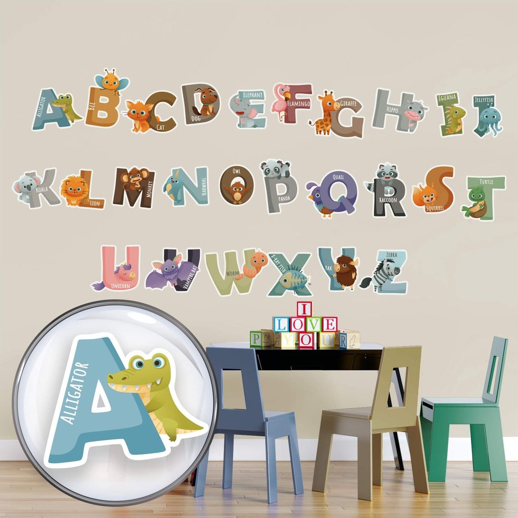 Adesivo de Parede Alfabeto Infantil Aprender Animais Inglês
