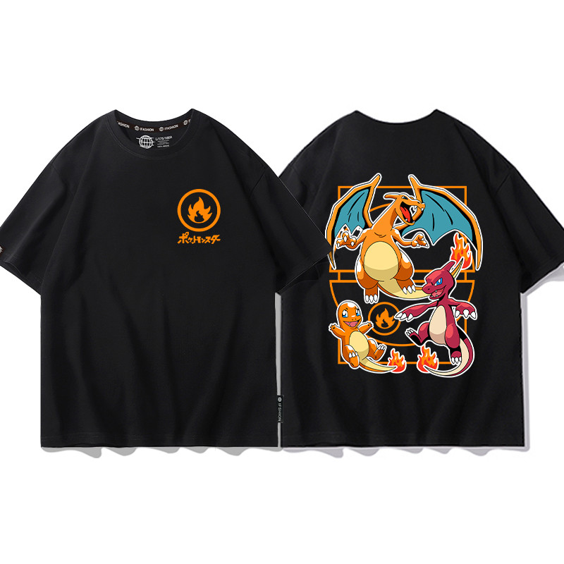 BEAST FASHION 2025 Novo Camiseta de Casual Masculina com Estampa Pokémon de Fogo Charmander,Charmeleon,Charizard
