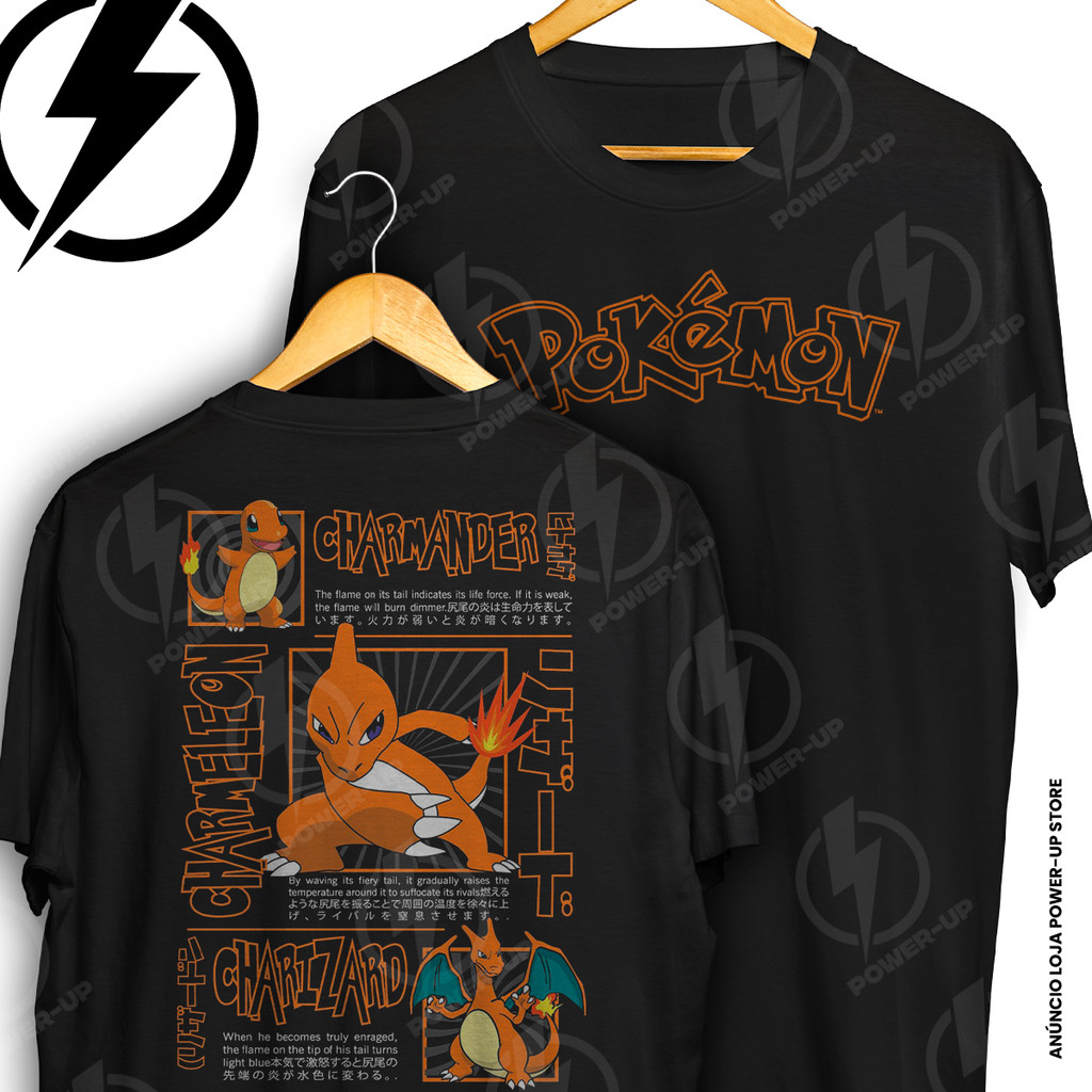 Camiseta Pokemon Charmander Charmeleon Charizard Frente E Verso Blusa Camisa 100% Algodão