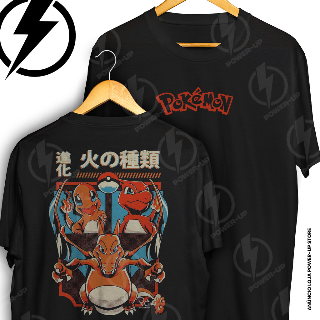 Camiseta Pokemon Evolução Charmander Charizard Retro Frente E Verso Blusa Camisa 100% Algodão