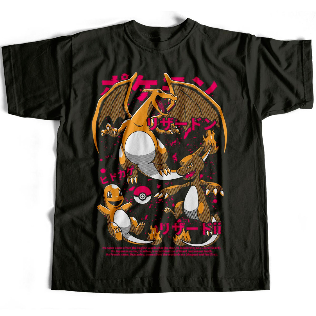 Camiseta Básica Charmander Evolução Charmeleon Charizard Pokemon