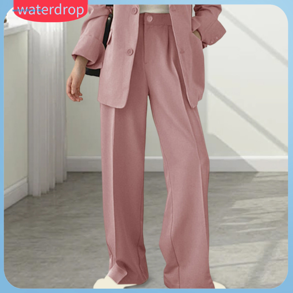 Women’s Formal Two-piece Set – Turn-down Collar Coat High Waist Straight Pants Double Button Cardigan Jacket Long Sl