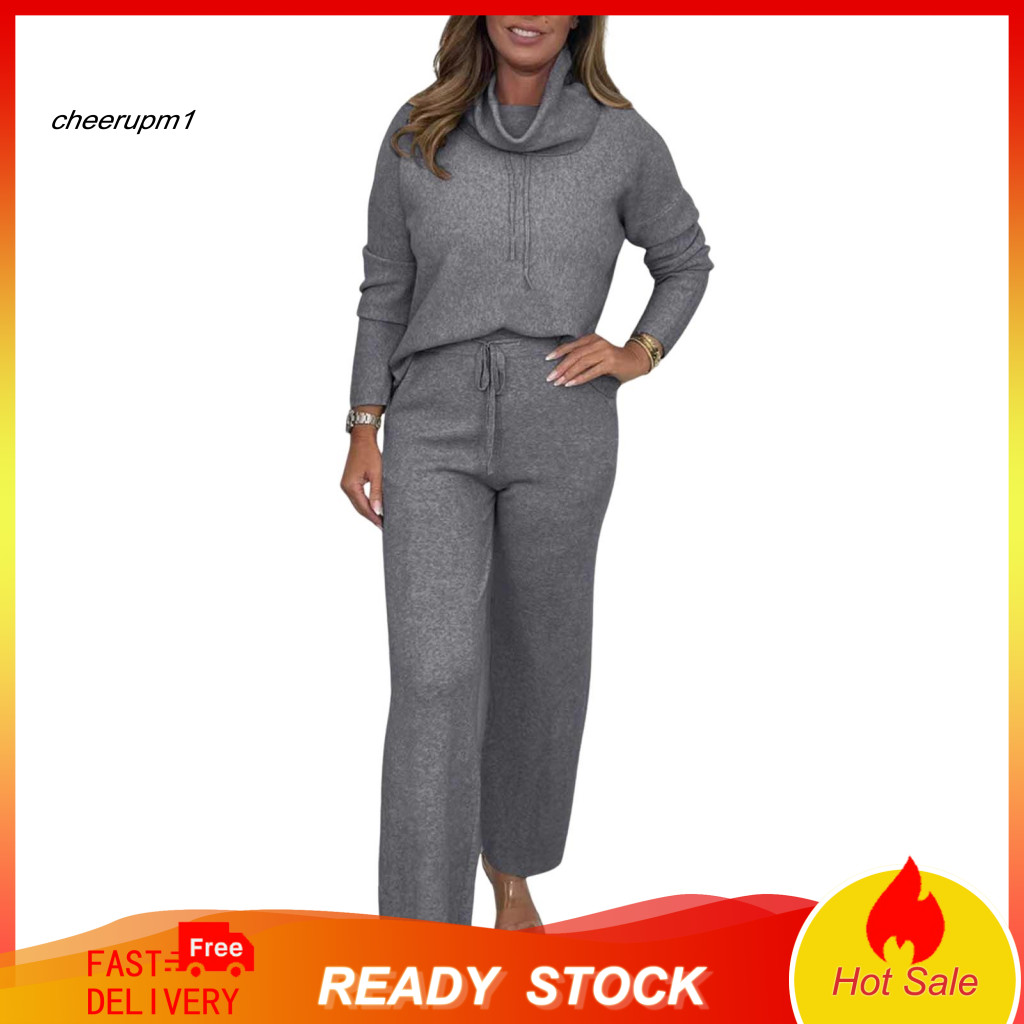 Women Two-piece Outfit Loungewear Ensemble 2 Pcs Sportswear Set Long Sleeve Sweatshirt with High Collar Wide Leg Drawstr