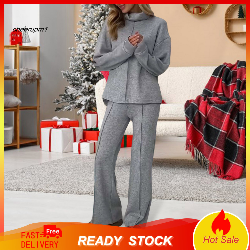 Women Top Pants Set Two-piece Suit 2 Pcs Sportswear High Collar Long Sleeve Sweatshirt Wide Leg Elastic Waist Knitted Tr