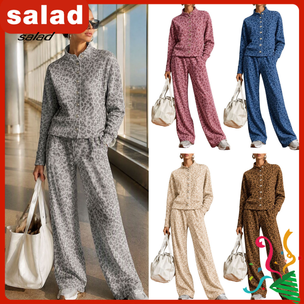 Long Sleeve Jacket Set High Waisted Loose Trousers Women’s Leopard Print Two-piece – Stand Collar Button Wide Leg Pa