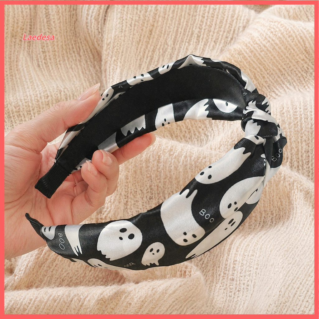 Knotted Top Headband Pumpkin Ghost Pattern Halloween for Women – Wide Retro Turban Hairband with Bat Design for Southe