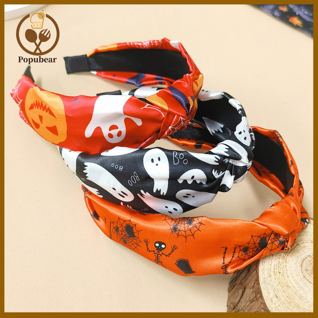 Playful Knotted Design Headband Top Halloween for Women – Wide Retro Turban Hairband with Ghost Bat Pumpkin for Southe