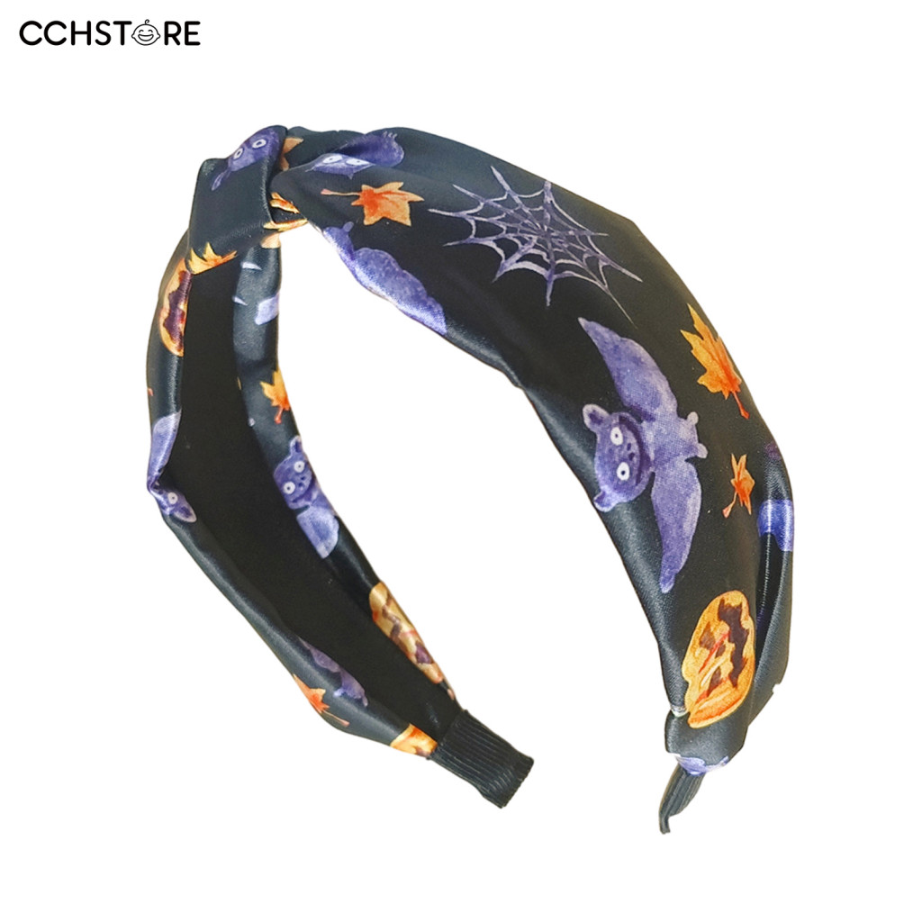 Halloween Headband Knotted Top for Women – Wide Retro Turban Style with Ghost Bat Pumpkin Design Perfect for Southeast