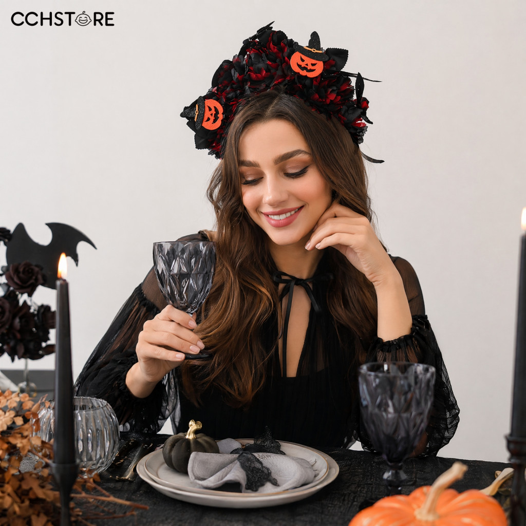 Witch-themed Hair Accessory Handmade Halloween Floral Headband with 3d Flowers Wide Non-slip Hoop Pumpkin Witch Decorati