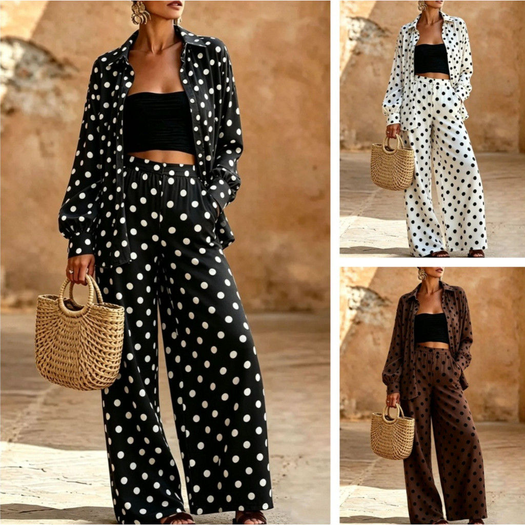 Primavera E Outono Dot Print Casual Conjunto Feminino Solto Calças De Perna Larga De Duas Peças Moda Versátil Commute De