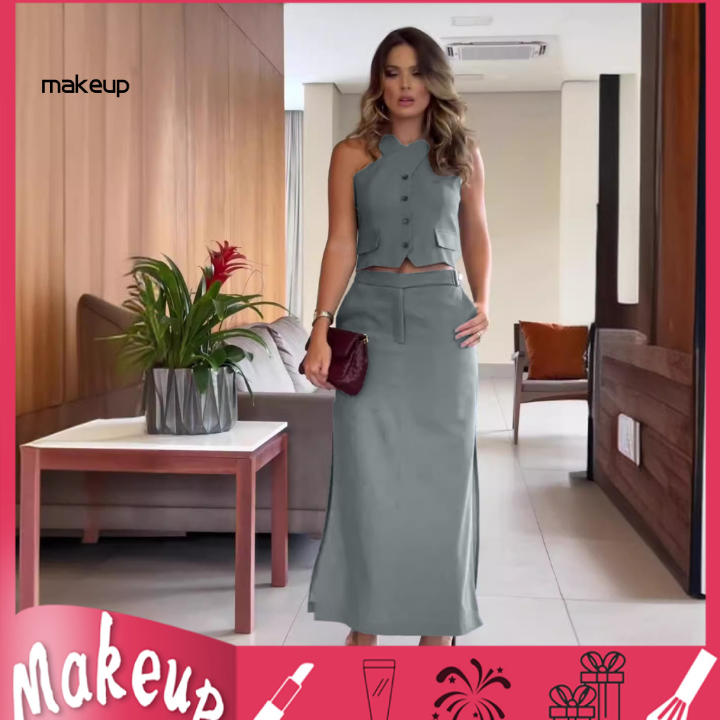 Women Two-piece Set Lady Backless Vest 2 Pcs Skirt Halter Neck Top High Waist Side Split Maxi Stylish Party Commute Outf