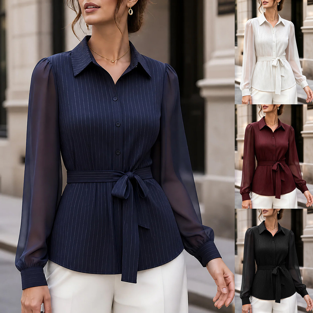 Feminino Listrado Pura Malha Manga Gravata Cintura Blusa Puff Ombro Escritório Commute Fino Ajuste Camisa Feminina Traba